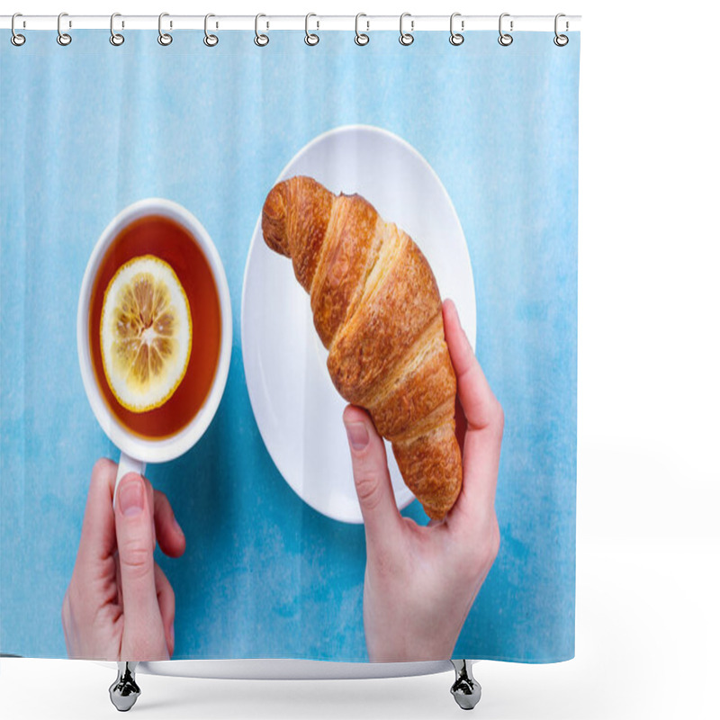 Personality  Freshly Baked Croissants And A Cup Of Hot Tea With Lemon In Hand For French Breakfast On A Blue Background. Top View  Shower Curtains