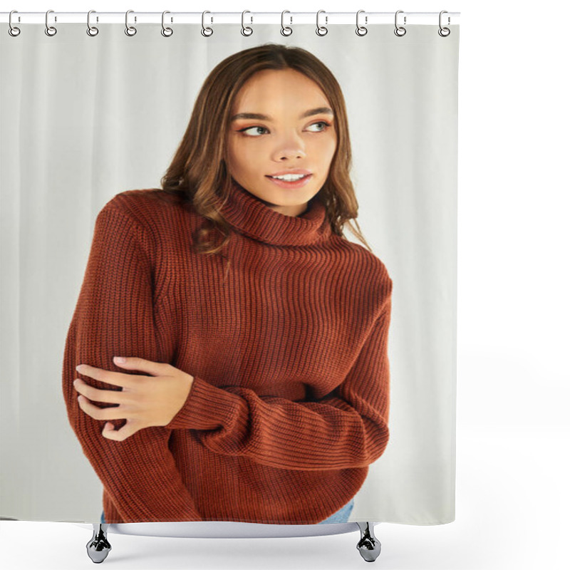 Personality  A Chic Young Woman Embodies Autumn On White Backdrop. Shower Curtains