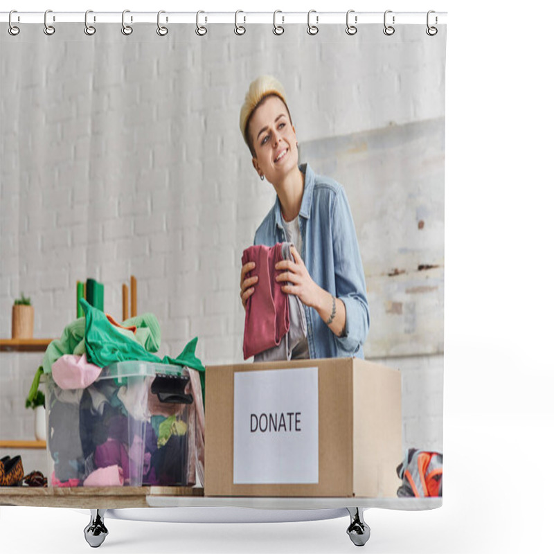 Personality  Cheerful Tattooed Woman Looking Away While Standing With Clothes Near Donation Box And Plastic Container With Wardrobe Items At Home, Sustainable Living And Social Responsibility Concept Shower Curtains