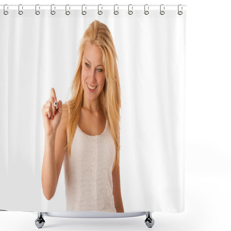 Personality  Young Blonde Business Woman With Blue Eyes, Writes On A Glass Ta Shower Curtains