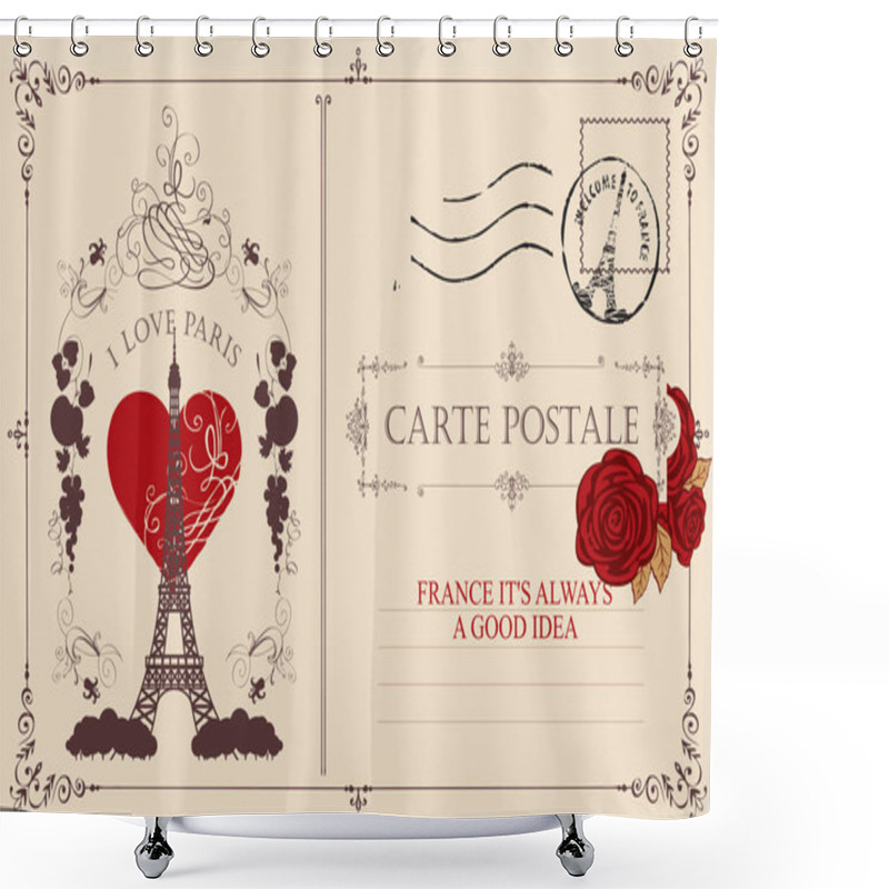 Personality  Retro Postcard With The Famous French Eiffel Tower In Paris, France. Vector Postcard In Vintage Style With French Landmark, Vignette, Red Heart, Postmark And Words I Love Paris Shower Curtains