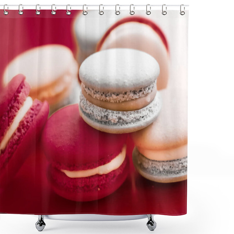 Personality  French Macaroons On Wine Red Background, Parisian Chic Cafe Dess Shower Curtains