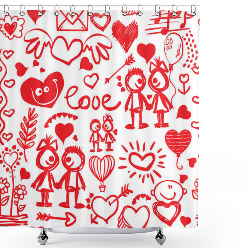 Personality  Red Doodle Lines Hand Drawn Love Hearts And Different Valentine Day Romantic Symbols Signs Seamless Pattern . Vector Drawing Love Icons Isolated Design On White Background. Love Couple, Hearts, Arrows Shower Curtains