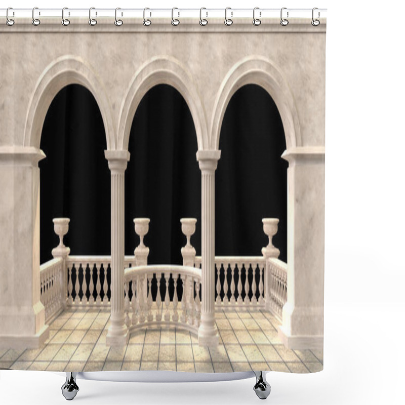 Personality  Arched Balcony With Balustrade And Flower Vases On Black Shower Curtains