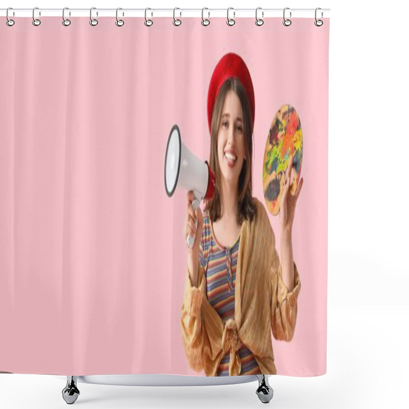 Personality  Young Female Painter With Megaphone On Pink Background With Space For Text. Artist As Outlaw Day Shower Curtains