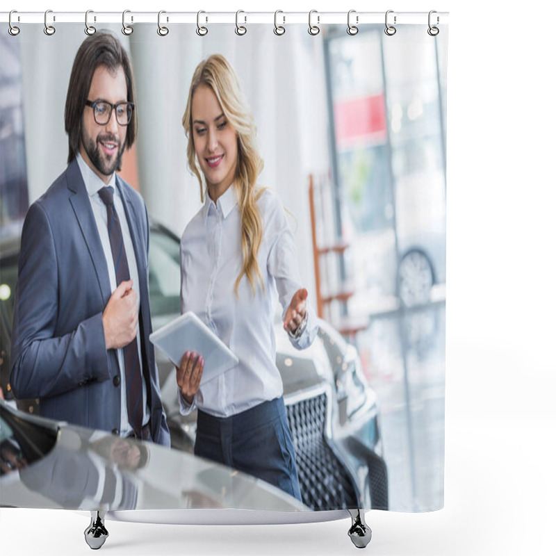 Personality  Female Auto Salon Seller With Tablet Helping Businessman To Choose Car At Dealership Salon Shower Curtains