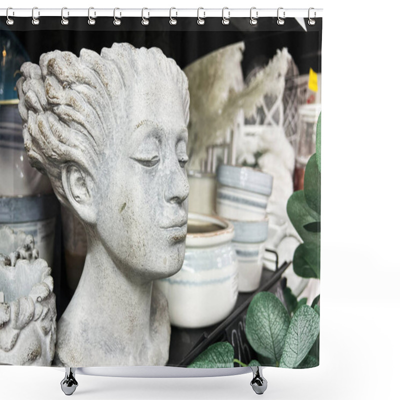 Personality  Artistic Stone Bust Sculpture With Serene Expression, Displayed Among Potted Plants And Greenery. Shower Curtains