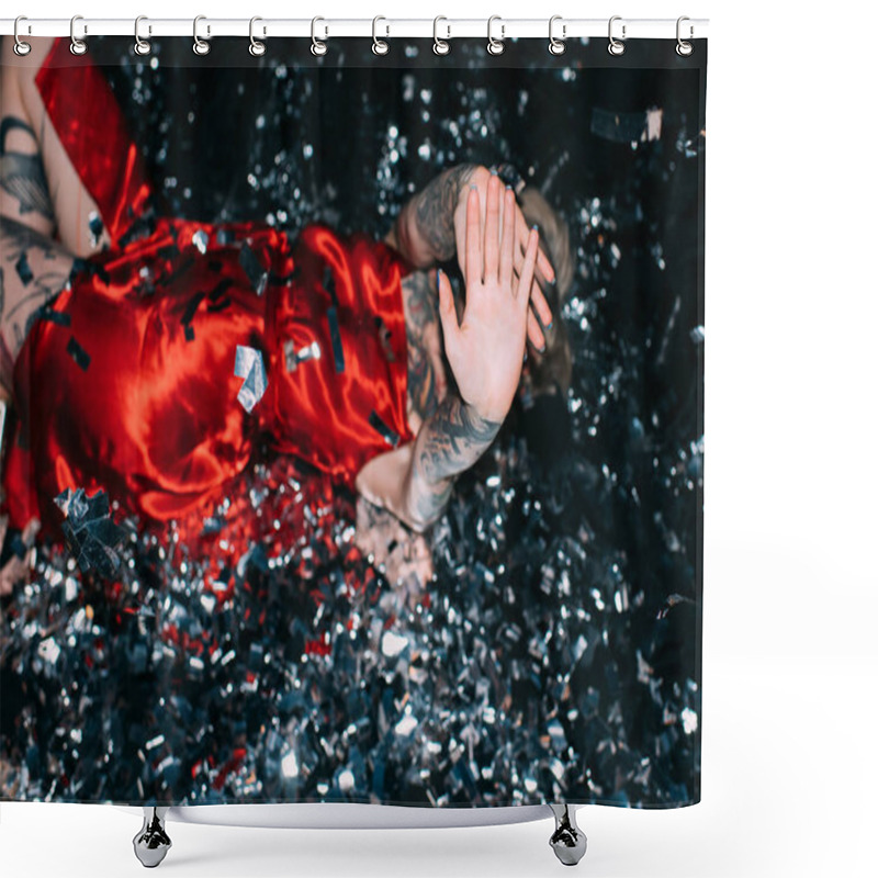 Personality  Drunk Woman Covering Face While Lying On Floor With Confetti Isolated On Black Shower Curtains