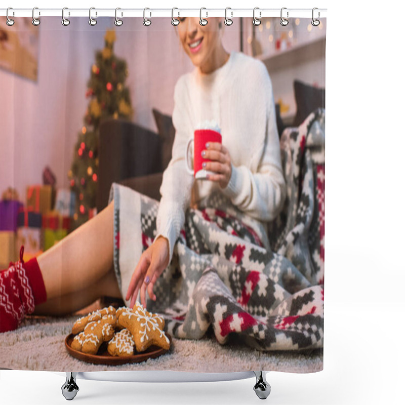 Personality  Woman In Patterned Blanked Holding Christmas Gingerbread Cookies And Cocoa Shower Curtains