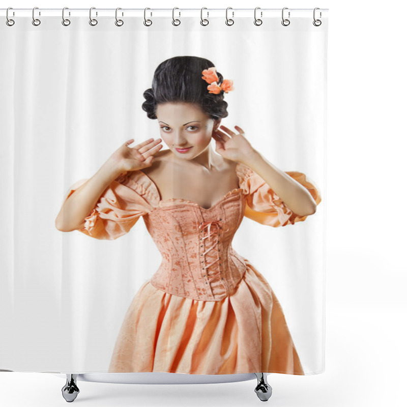 Personality  Woman In Historic Baroque Costume Corset, Girl In Rococo Retro Style Dress Flirting Isolated Over White Background Shower Curtains