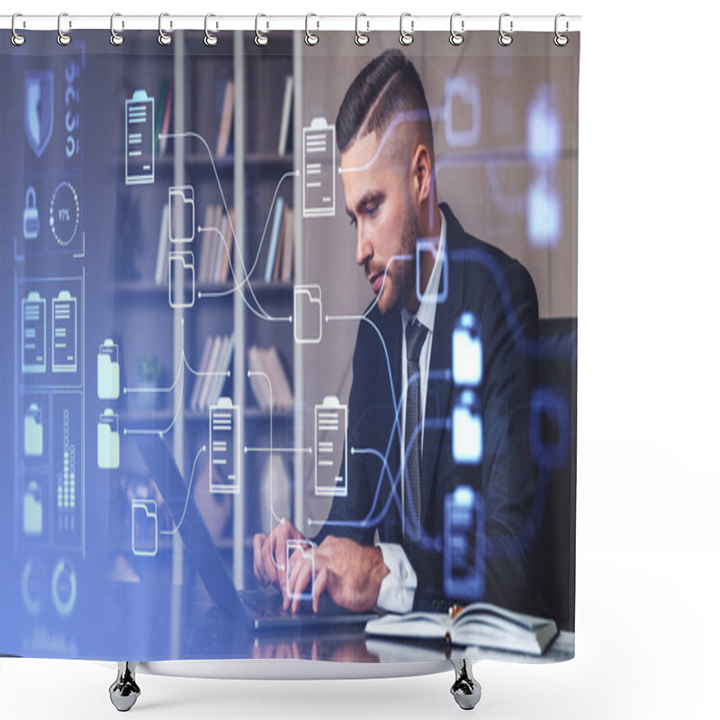 Personality  Businessman Typing On Laptop, Double Exposure Online Documentation System And Business Files Storage. Concept Of Database And Data Security Shower Curtains