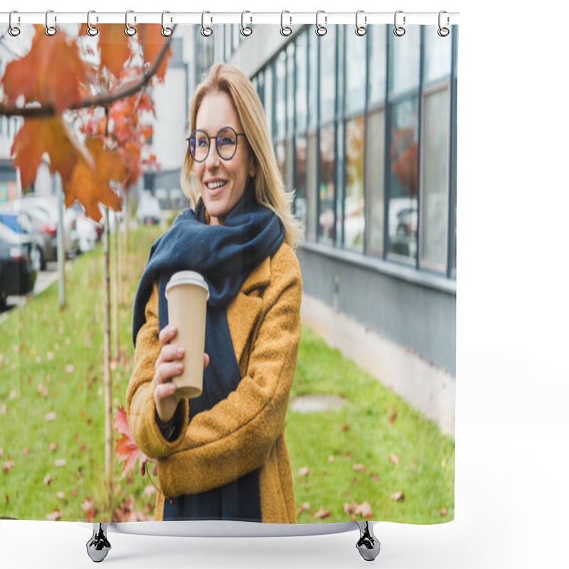 Personality  Attractive Woman With Coffee In Autumn Park Shower Curtains