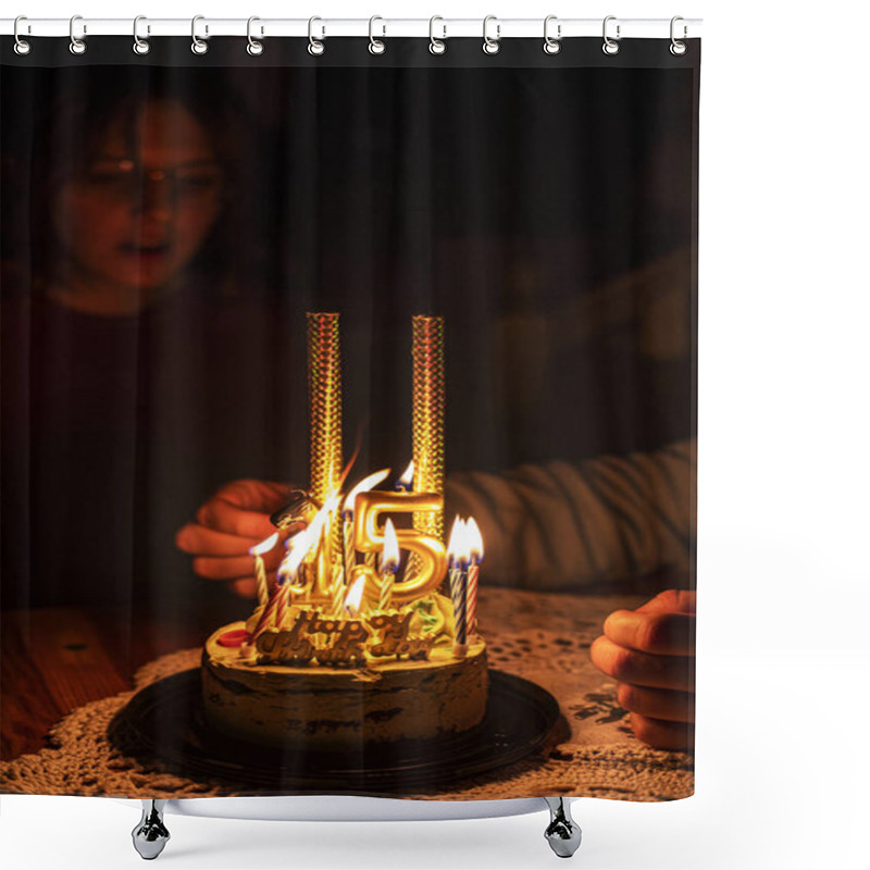 Personality  Dad Lights Candles For 15th Birthday With Gold Numbers On Pistachio Cake For Daughter. Birthday. Celebrate Anniversary Shower Curtains