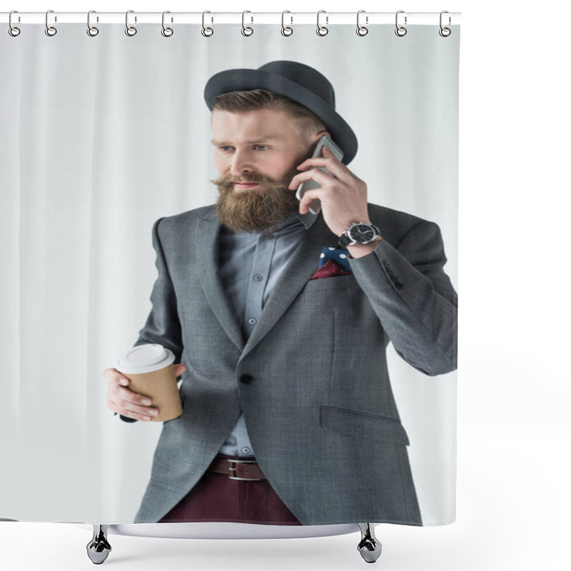 Personality  Stylish Bearded Businessman Holding Paper Cup And Talking On Phone Isolated On Light Background Shower Curtains