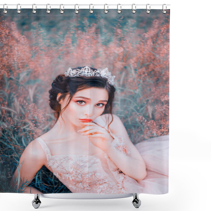 Personality  Playful Lady With Big Eyes On Doll Face, Cute Elf In Marshmallow Pink Dress With Voluminous Floral And Lace Patterns, Thin Straps On Shoulders, First Love, Innocent Girl Cute Pouted Her Juicy Lips. Shower Curtains