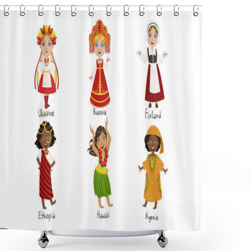 Personality  Kids In Traditional Costumes Set, Ukraine, Russia, Finland, Ethiopia, Hawaii, Nigeria Vector Illustration Shower Curtains