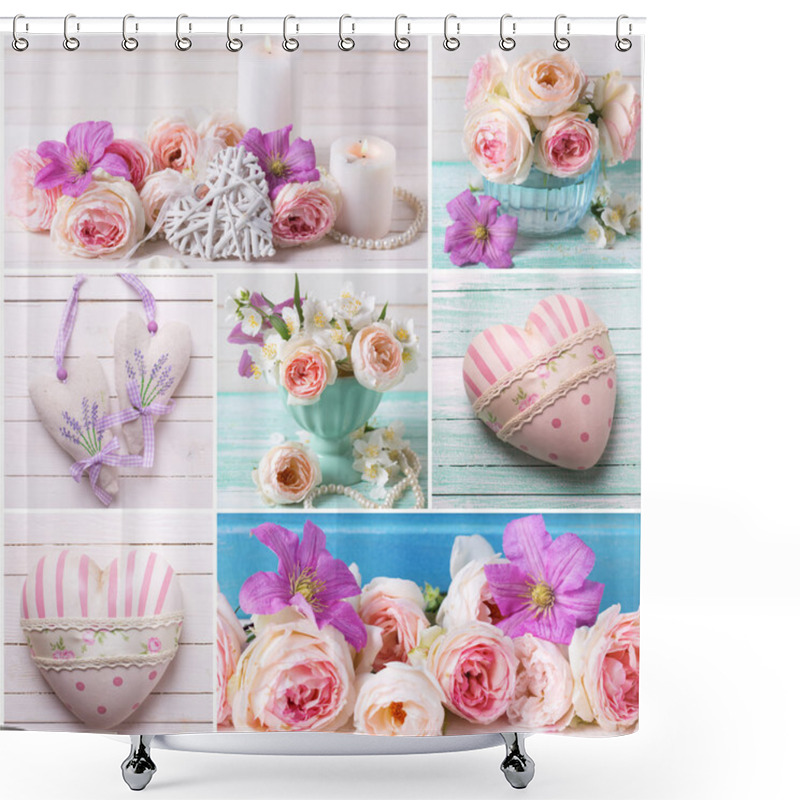 Personality  Collage  With Roses And Hearts. Shower Curtains