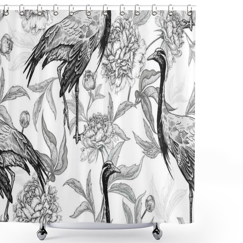 Personality  Floral Seamless Pattern With Cranes And Flowers Peonies. Black A Shower Curtains