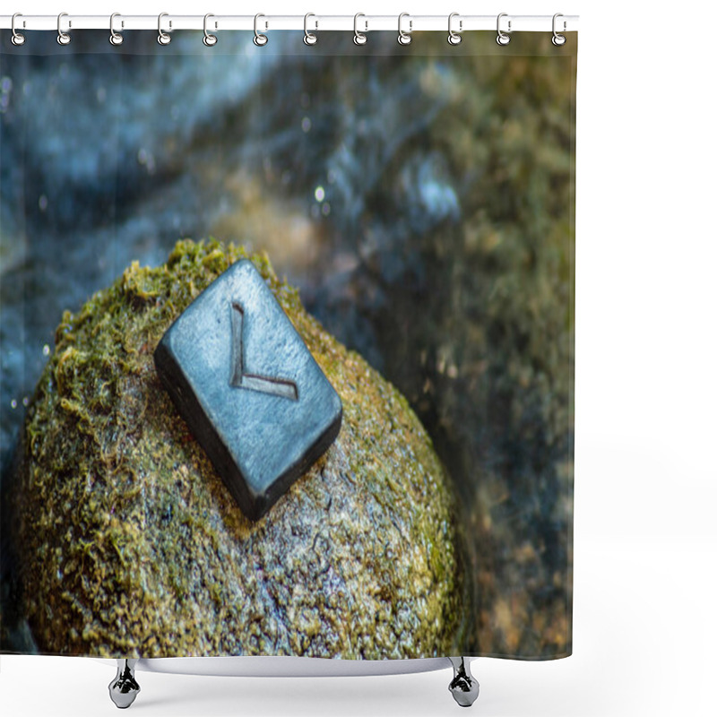 Personality  Norse Rune Kennaz On The Stone And The Evening River Background. Knowledge, Decision, Way Out Of A Difficult Situation. Helps To Work With Any Data And Information. Shower Curtains