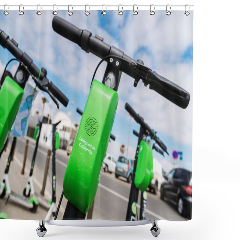 Personality  Valencia, Spain - April 29, 2019: Group Of Electric Scooters For Shower Curtains