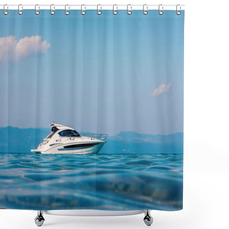 Personality  Motor Boat Floating On Clear Turquoise Water Shower Curtains