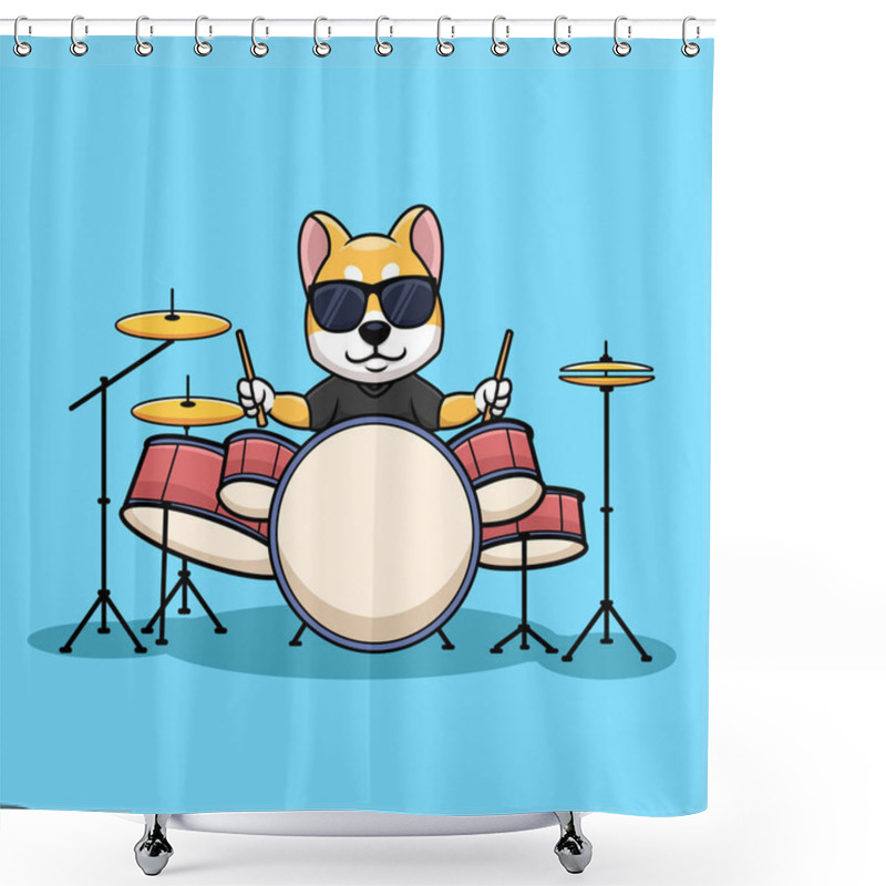 Personality  Shiba Inu Drummer Dog Music Cartoon Character Illustration Creative Logo Shower Curtains