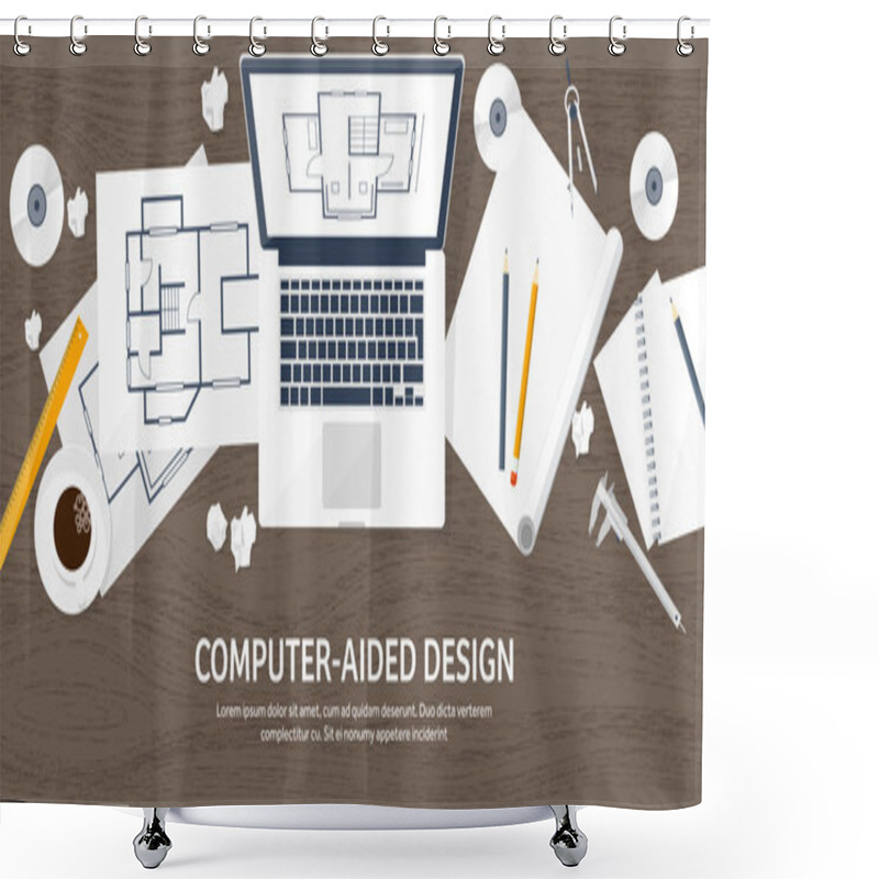 Personality  Vector Illustration. Engineering And Architecture. Computer. Drawing, Construction.  Architectural Project. Design, Sketching. Workspace With Tools. Planning, Building. Wooden Background. Shower Curtains