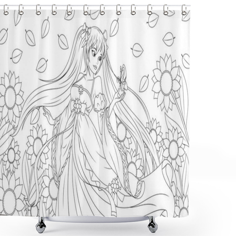 Personality  Vector Illustration, A Beautiful Fantasy Girl Walking In A Meadow With Sunflowers. Shower Curtains