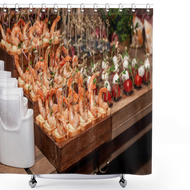 Personality  Elegant Shrimp Cocktail Display On A Rustic Wooden Table. Shower Curtains