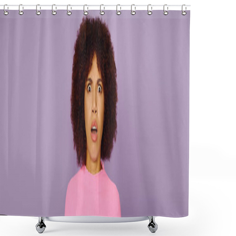 Personality  A Young African American Woman In Casual Pink Attire Showcases A Look Of Astonishment, Surrounded By Purple. Shower Curtains