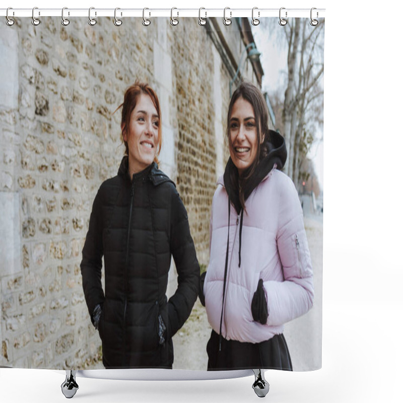 Personality  Two French Girls Or Couple Of Women Friends In Sports Outfit Walking Outdoors In Morning And Winter Or Cold Weather In European City Shower Curtains