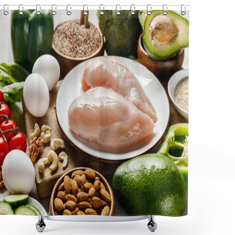 Personality  Raw Chicken Breasts On White Plate Near Nuts, Eggs And Green Vegetables, Ketogenic Diet Menu Shower Curtains