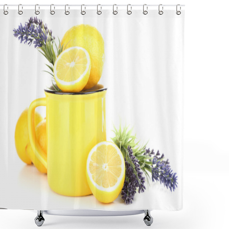 Personality  Still Life With Fresh Lemons And Lavender, Isolated On White Shower Curtains