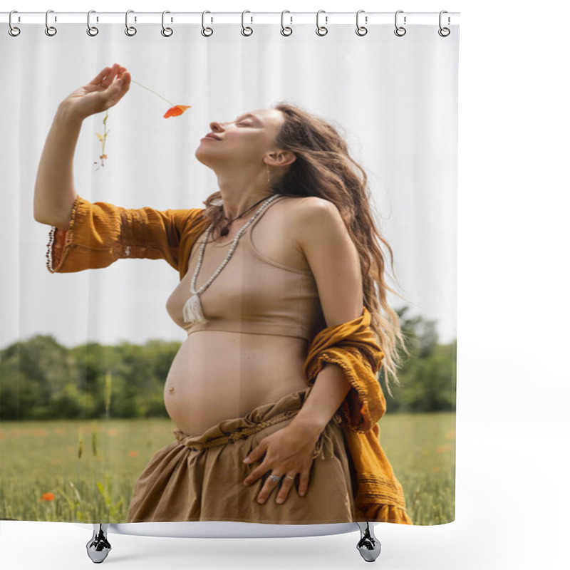 Personality  Side View Of Pregnant Woman Smelling Poppy Flower In Field  Shower Curtains