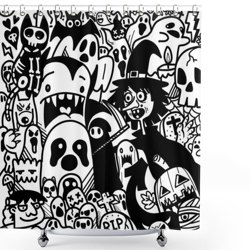 Personality  Happy Halloween Illustration, Wolfman, Spooky, Vampire And Witch Surrounding The Ghost Lovely Happy Halloween Elements Background. Shower Curtains