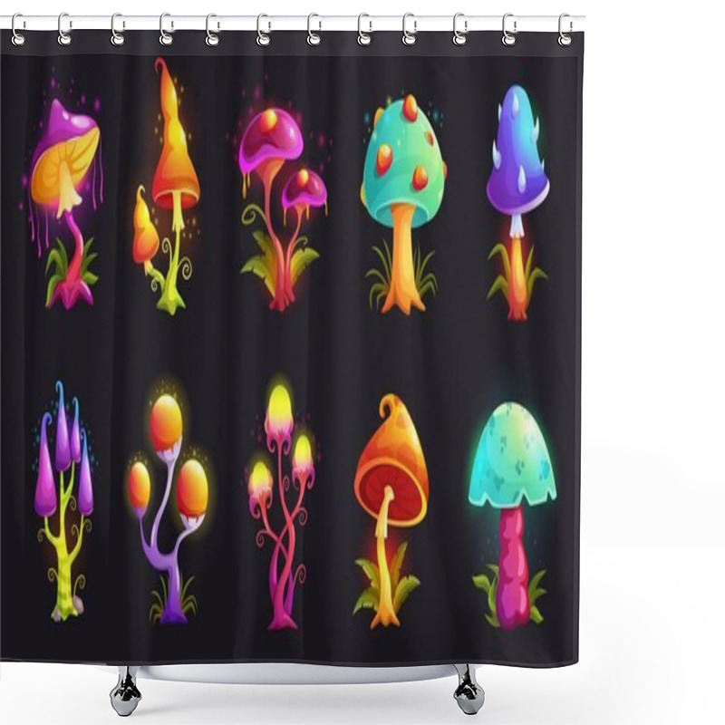 Personality  Fantasy Mushrooms. Magic Fungus, Hallucinogenic Neon Fluorescent Mushroom And Alien Forest Fungi Cartoon Vector Illustration Set Of Magic Fungus And Psychedelic Mushroom Shower Curtains