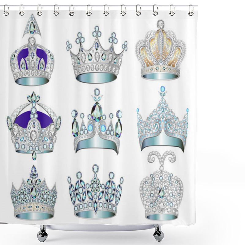 Personality  Illustration Set Of Jewelry Silver Crowns With Precious Stones. Shower Curtains