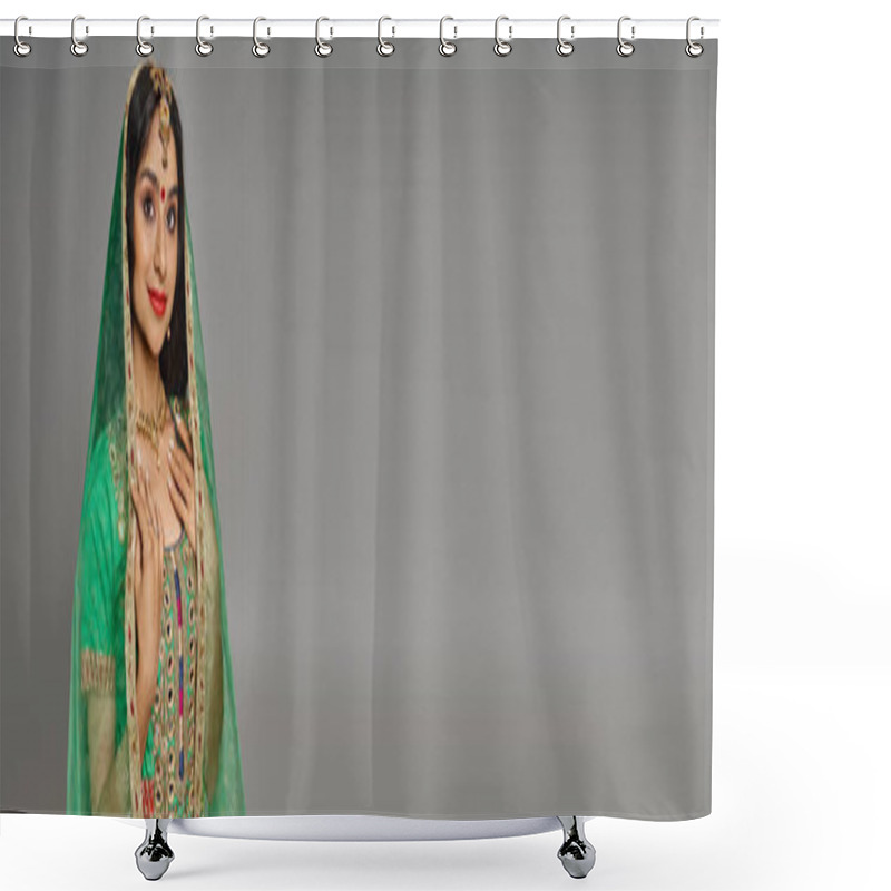 Personality  Attractive Indian Woman With Bindi Dot In National Costume And Green Veil Looking At Camera, Banner Shower Curtains