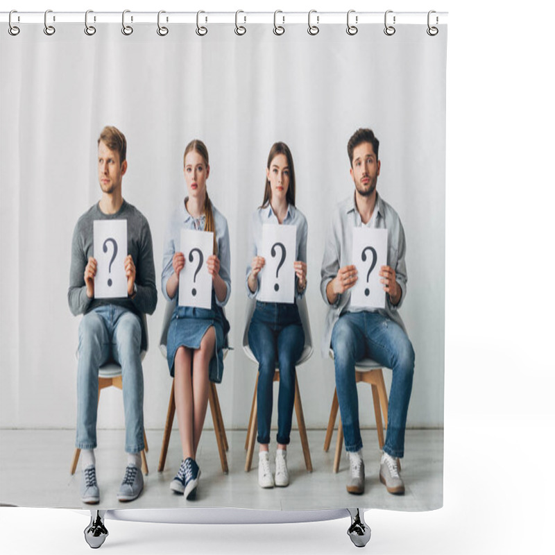 Personality  Group Of Employees Holding Cards With Question Marks While Waiting For Job Interview  Shower Curtains