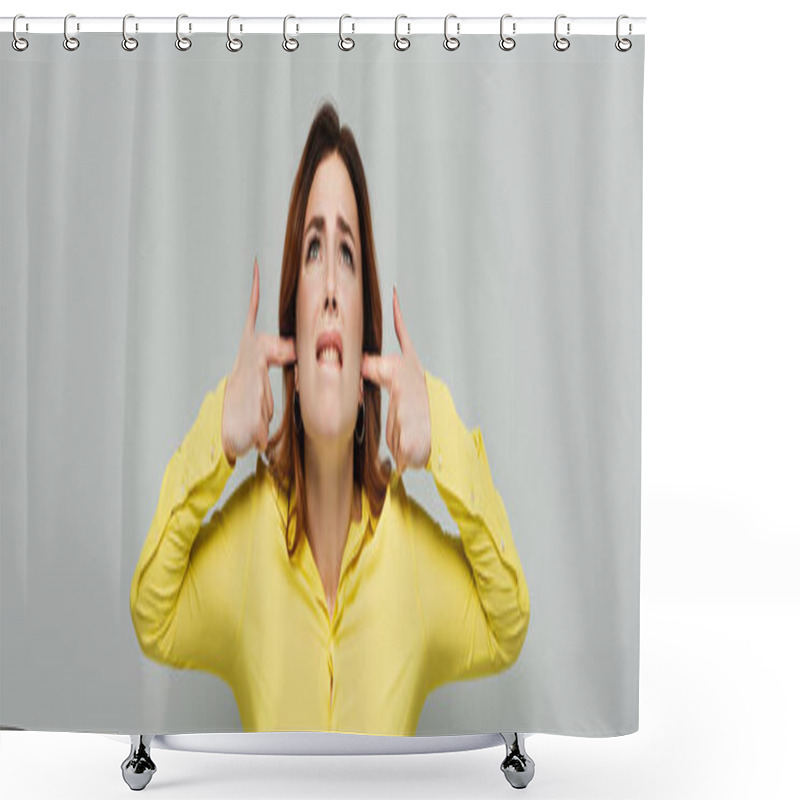 Personality  Displeased Woman Plugging Ears While Looking Up On Grey, Banner Shower Curtains