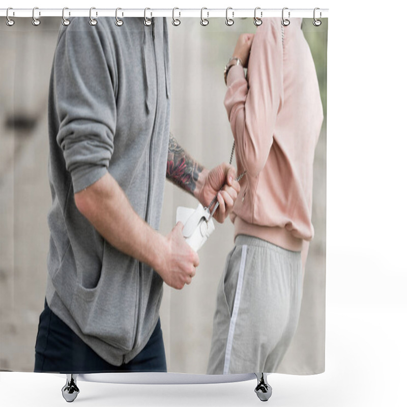 Personality  Cropped Image Of Thief With Tattooed Hand Stealing Handbag From Woman  Shower Curtains