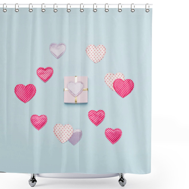 Personality  Pink Textile Hearts With Polka Dots And Gift On Blue Background. Valentines Day Concept. Flat Lay, Top View, Copy Space. Festive Holiday Greeting Card For Valentines, Birthday, Woman, Mothers Day. Shower Curtains