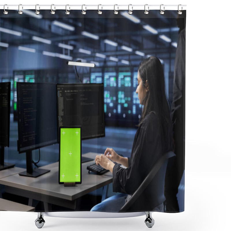 Personality  Admin In Server Hub Uses Isolated Screen Device To Find Firewall Misconfigurations Affecting Performance. Woman Checking Systems Bottlenecks Leading To Sluggish Data Transfer Rates Using Mockup Tablet Shower Curtains