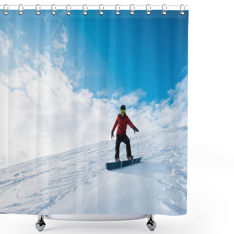 Personality  Athletic Snowboarder In Helmet Riding On Slope Against Blue Sky With Clouds  Shower Curtains