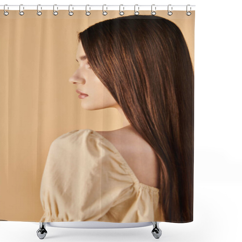 Personality  A Young Woman With Long Brunette Hair Poses Confidently In A Vibrant Summer Outfit Against A Plain Wall. Shower Curtains