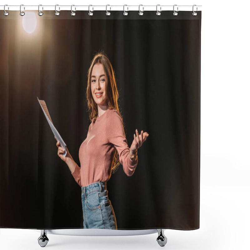 Personality  Smiling Young Actress With Screenplay On Black Shower Curtains