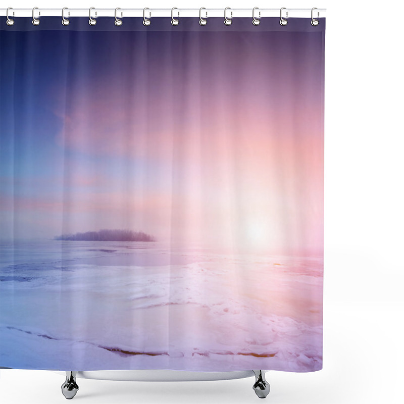 Personality  Winter Landscape, Sunrise Over Frozen River Shower Curtains