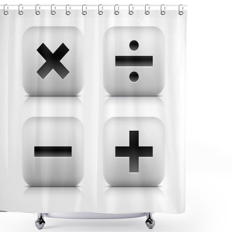 Personality  Stone Web Button Calculator Icon. Division, Minus, Plus, Multiplication Sign. White Rounded Square Shape With Black Shadow And Gray Reflection On White Background. Vector Illustration Saved In 8 Eps Shower Curtains