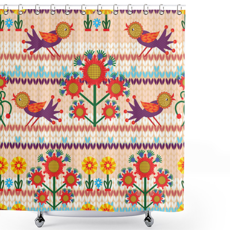 Personality  Knitted Seamless With Birds And Floral Elements. Shower Curtains