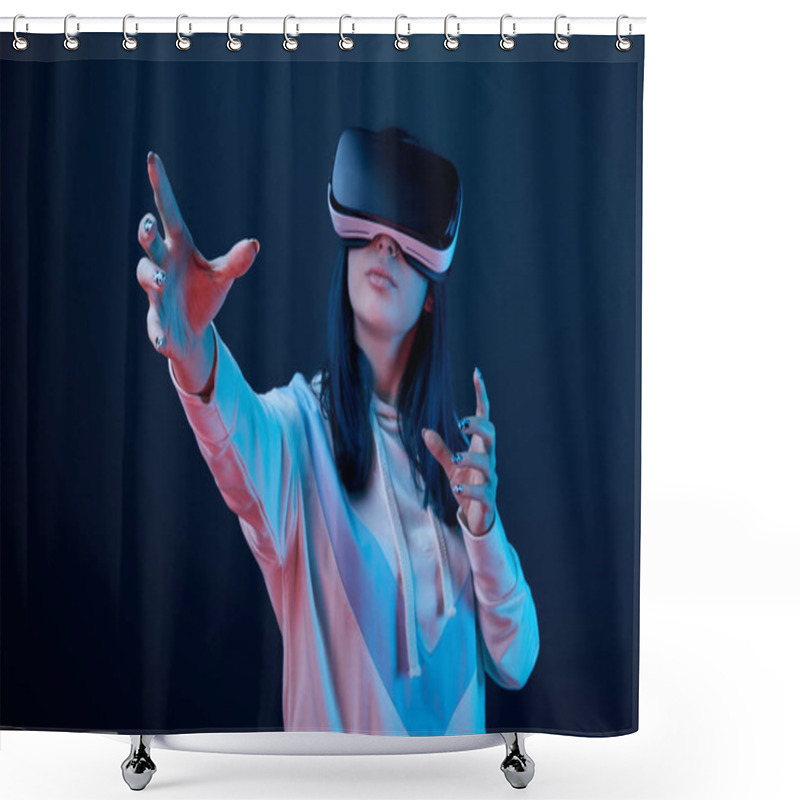 Personality  Selective Focus Of Young Woman Wearing Virtual Reality Headset And Gesturing On Blue  Shower Curtains